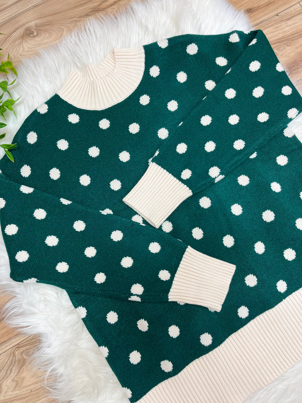Women’s Hunter Green Sweater Top with Polka Dots-True to Size