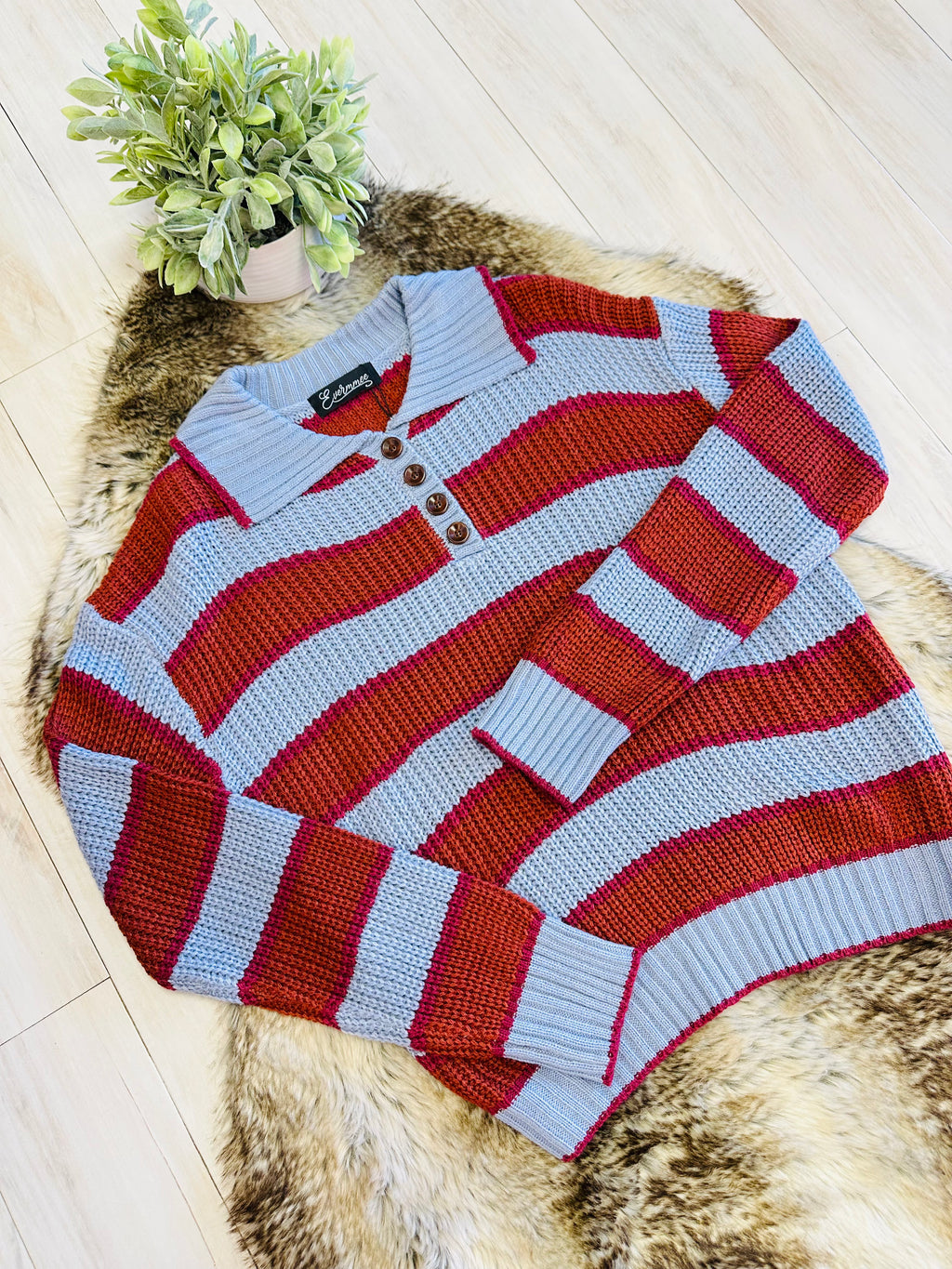 Women’s Evermmee Burnt Orange Stripe Sweater Top with Collar- True to Size