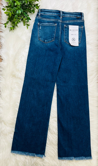 Risen Dark Wash Mid Rise Fray Hem Jeans