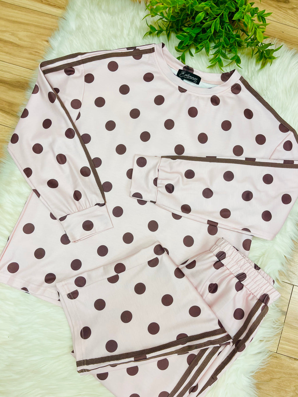 Women’s Evermmee Light Pink & Brown Polka Dot Pant Set- True to Size