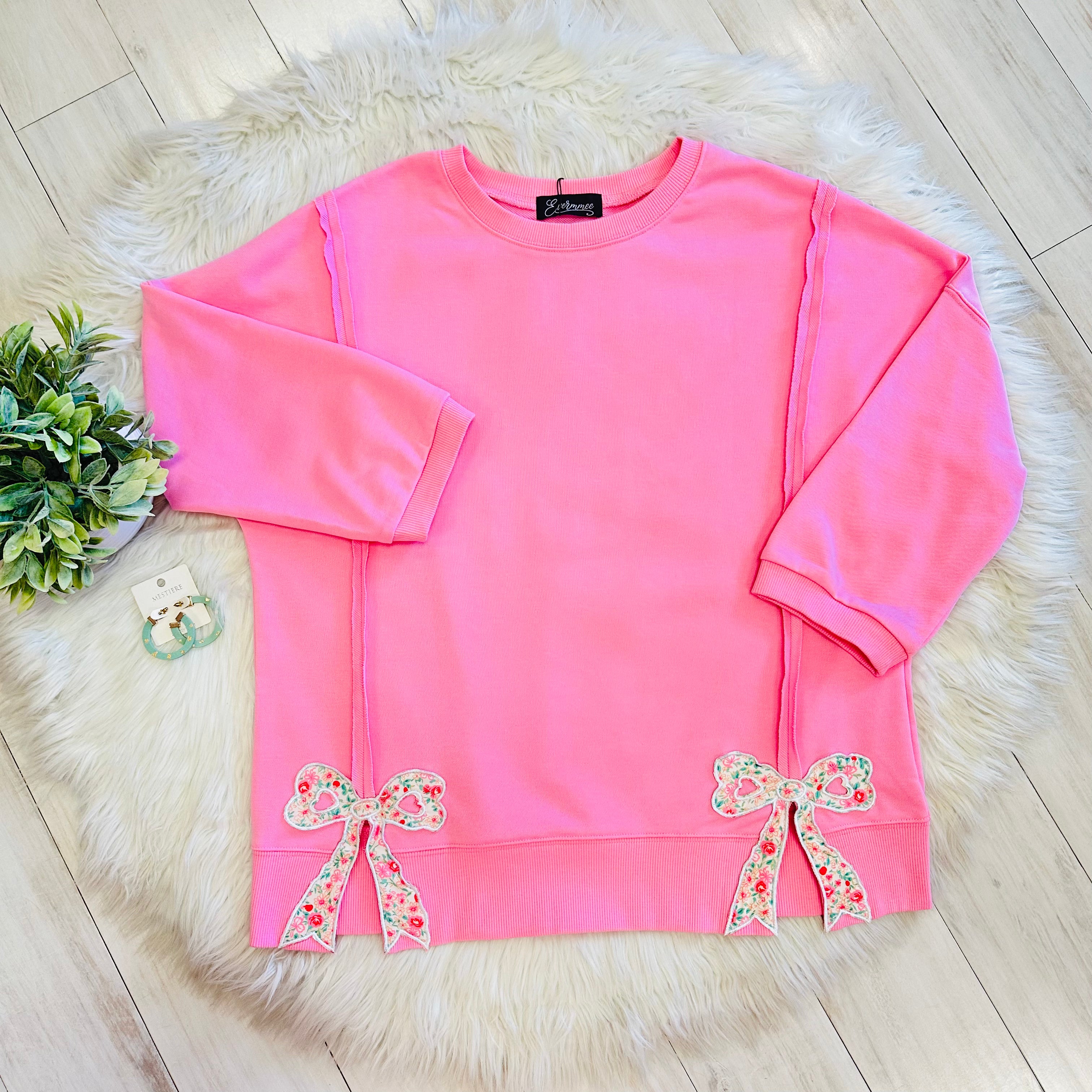 Women’s Evermmee Pink Oversized Top with Floral Bow Patches