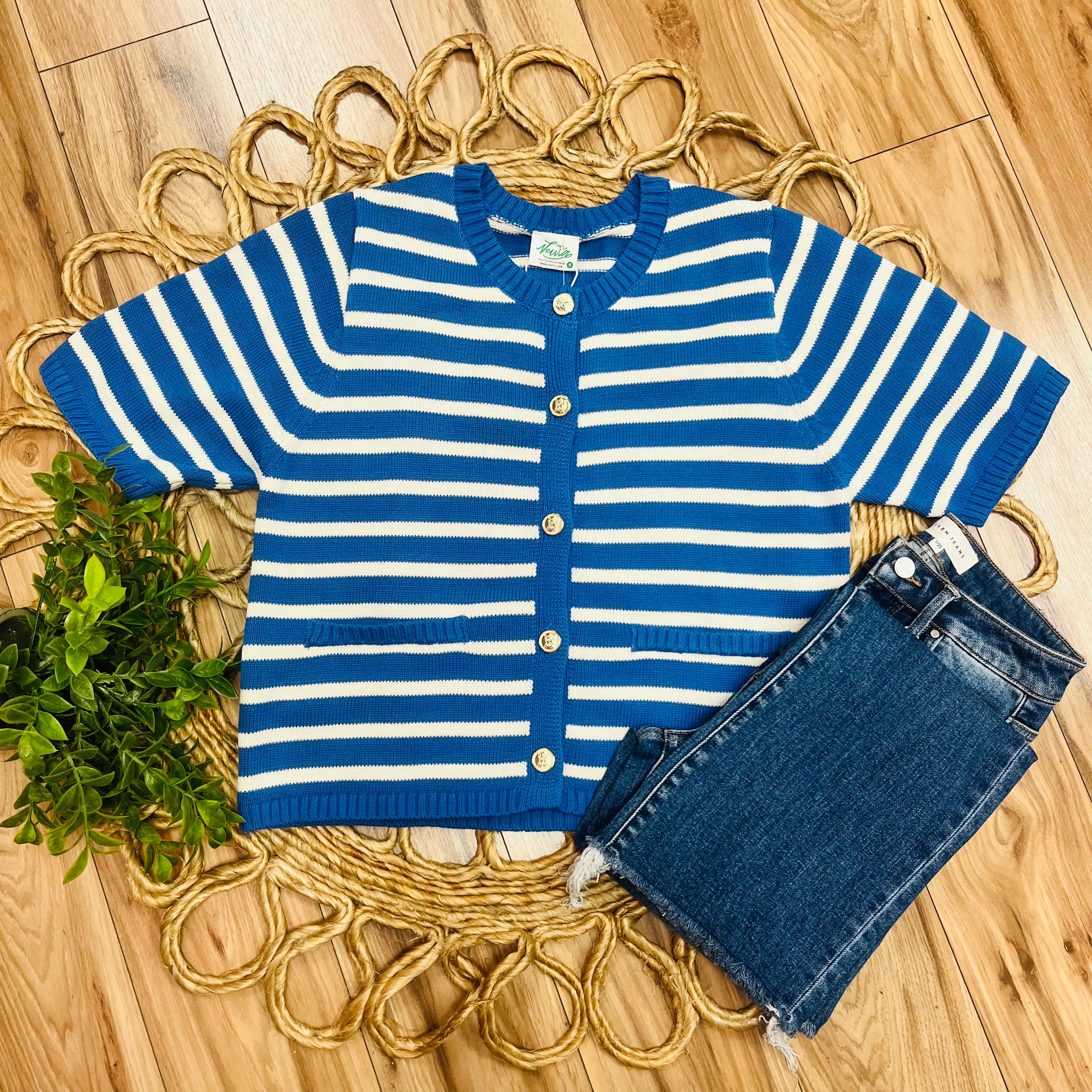 Women’s Very J Blue Stripe Button Down Sweater Top