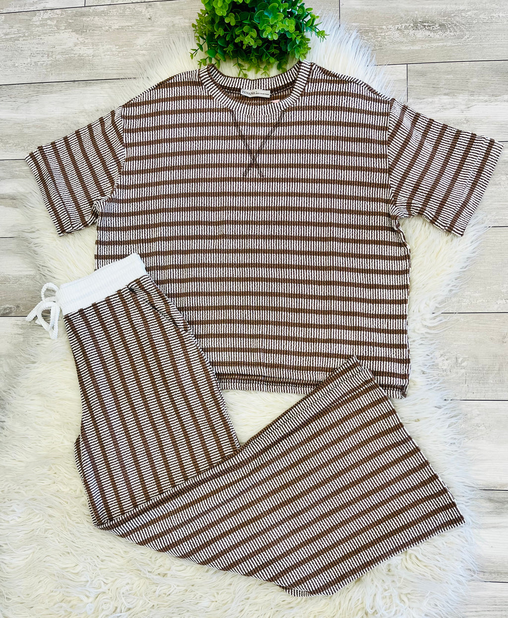 Women’s Zenana Brown Ribbed Drop - Shoulder Two Piece Set