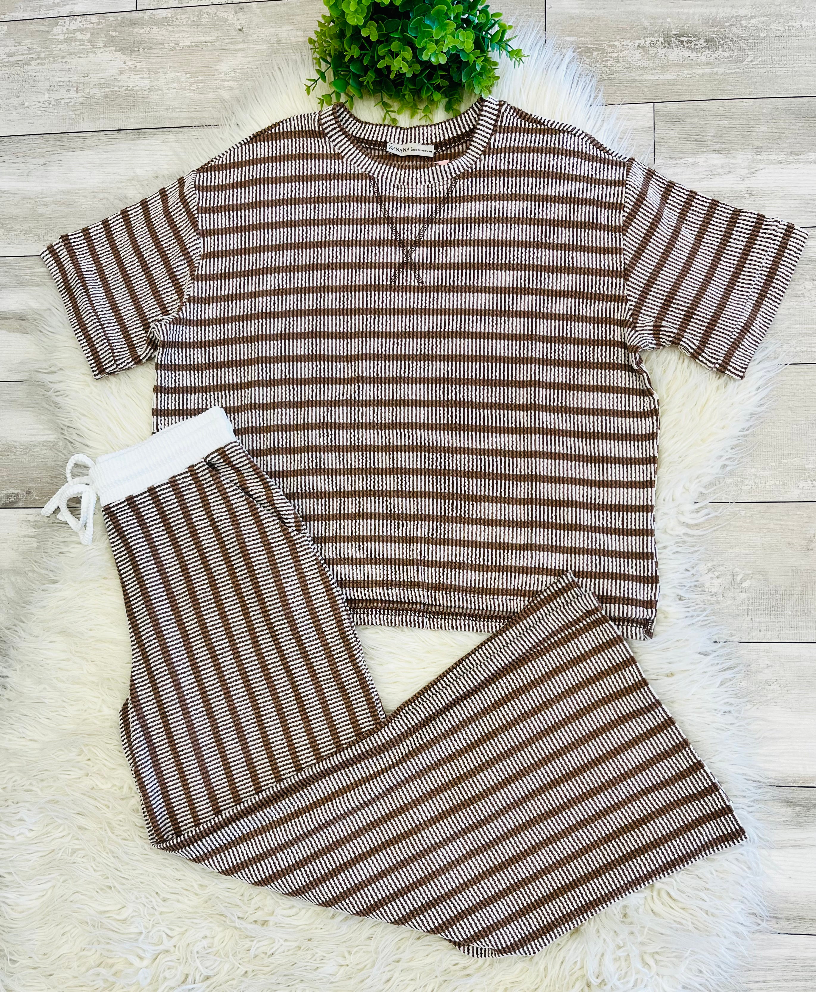 Women’s Zenana Brown Ribbed Drop - Shoulder Two Piece Set