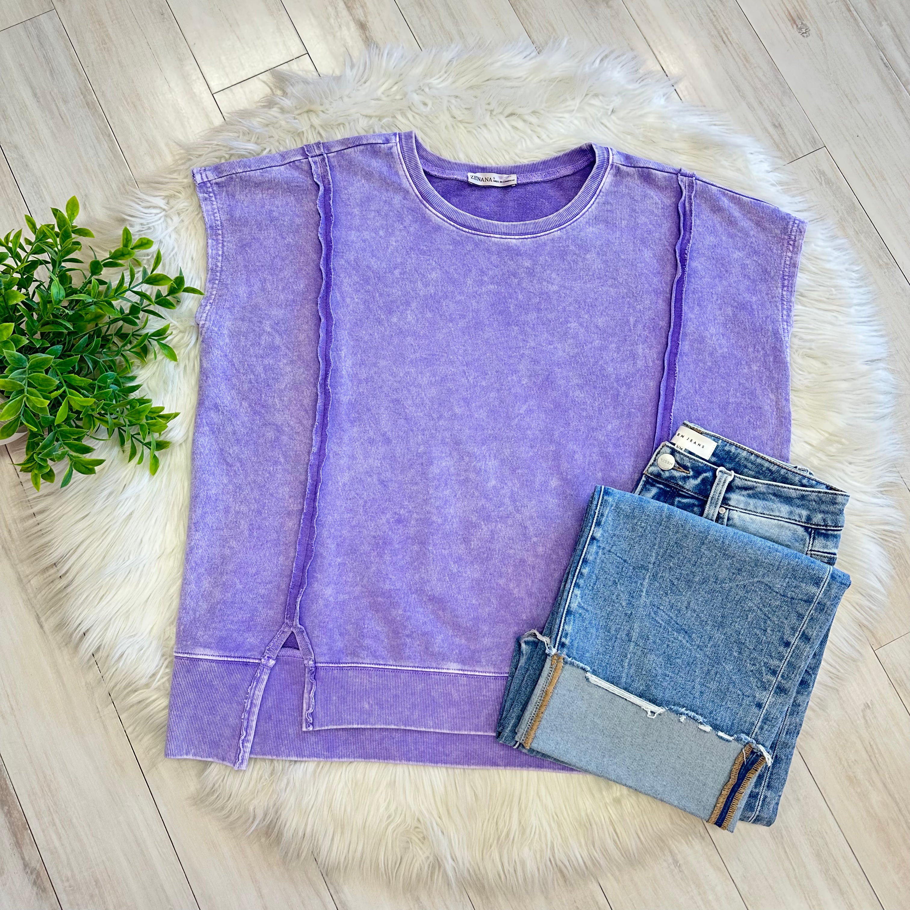 Women’s Violet Zenana Sleeveless Acid Wash Top with Slits