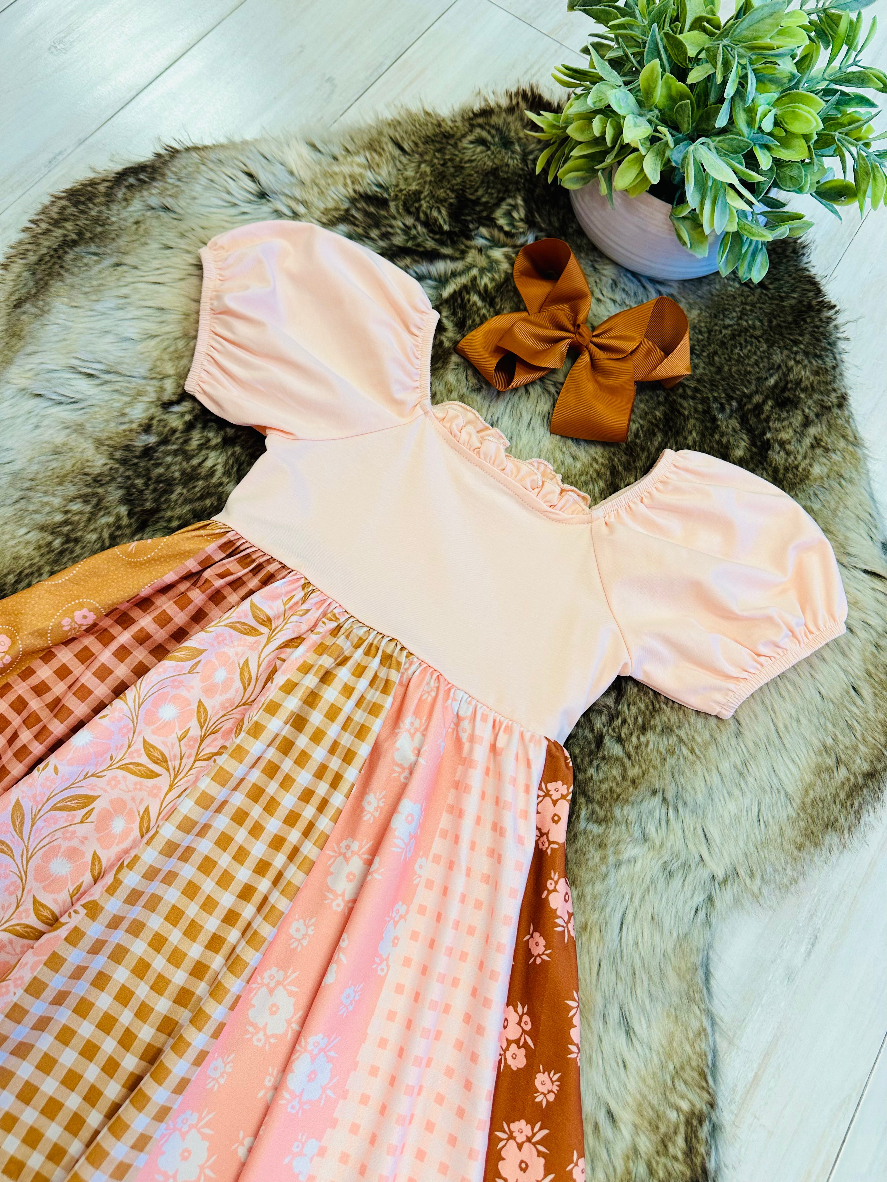 Girl’s Peachy Pink Fall Mixed Print Dress