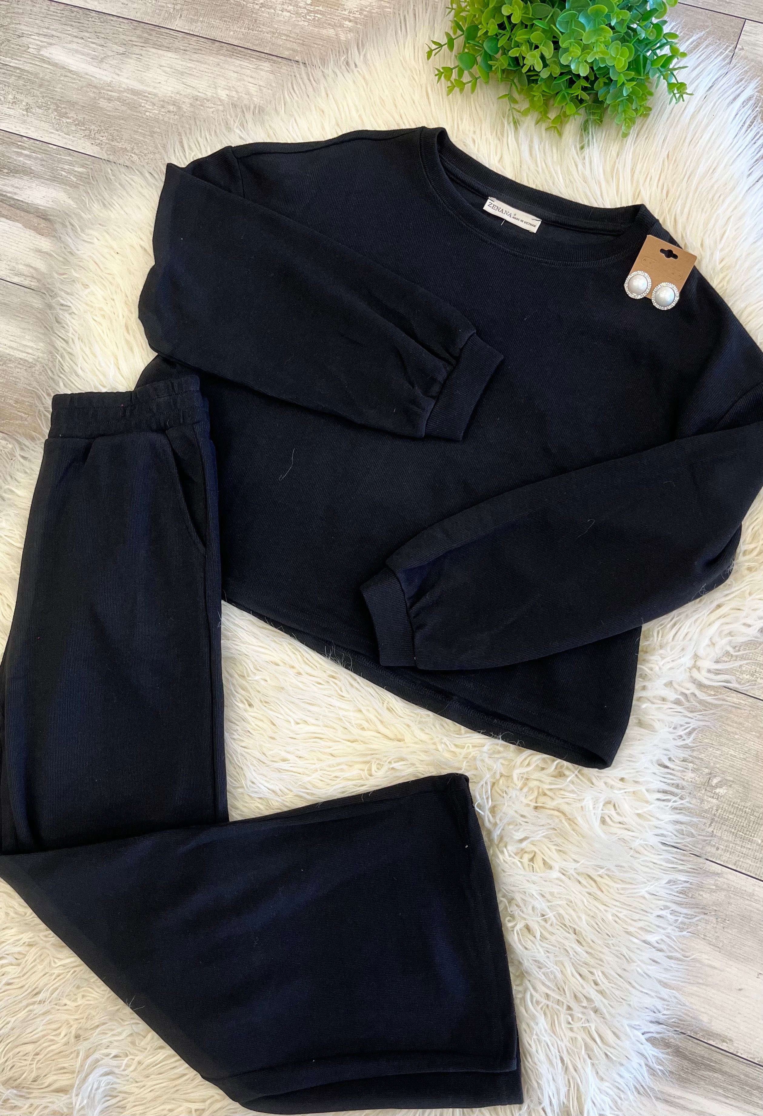 Women’s Zenana Black Long Sleeve Two Piece Set - True to size