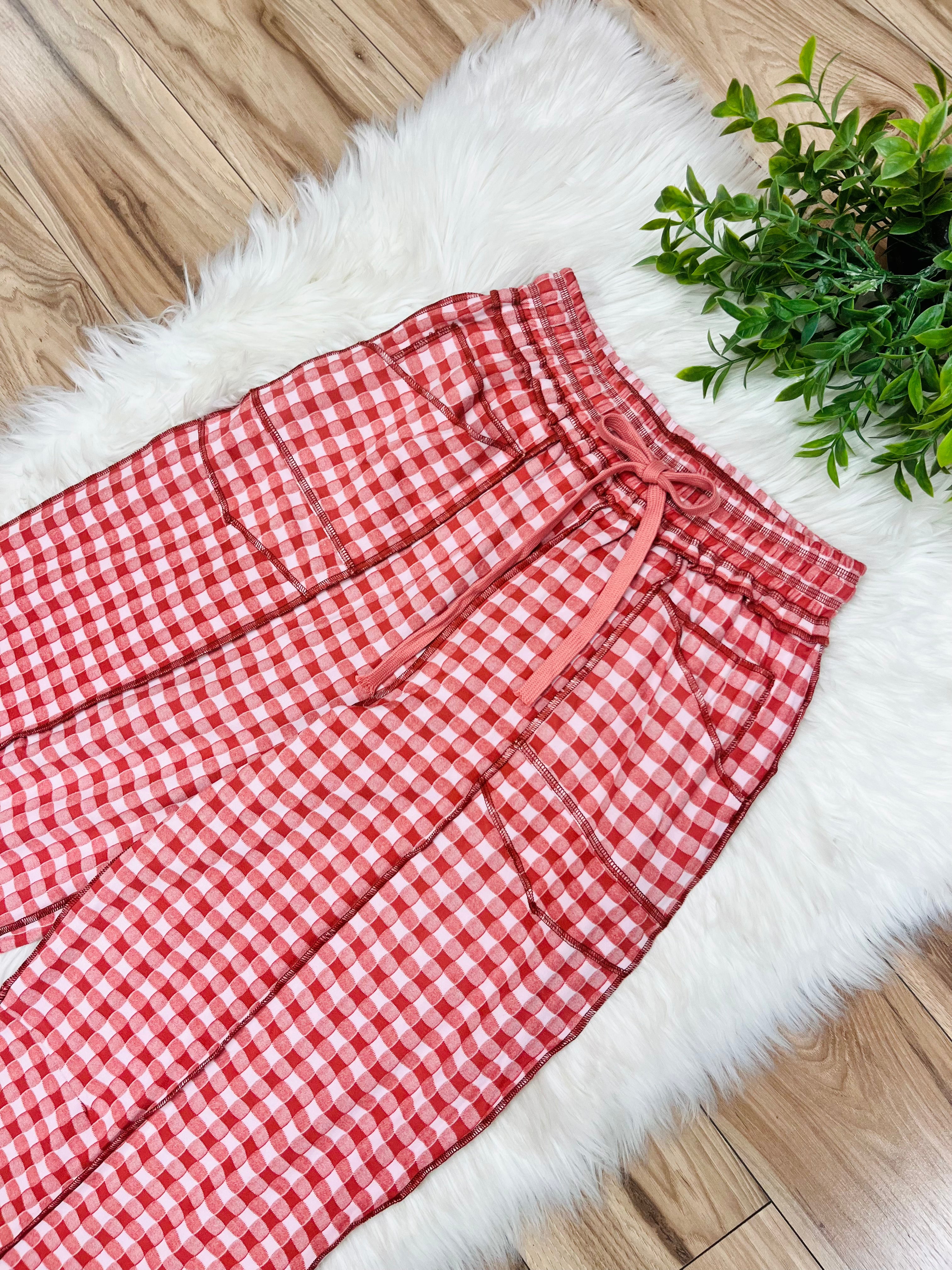 Women’s Anniewear Rust Red & Pink Check Barrel Knit Pants- True to Size