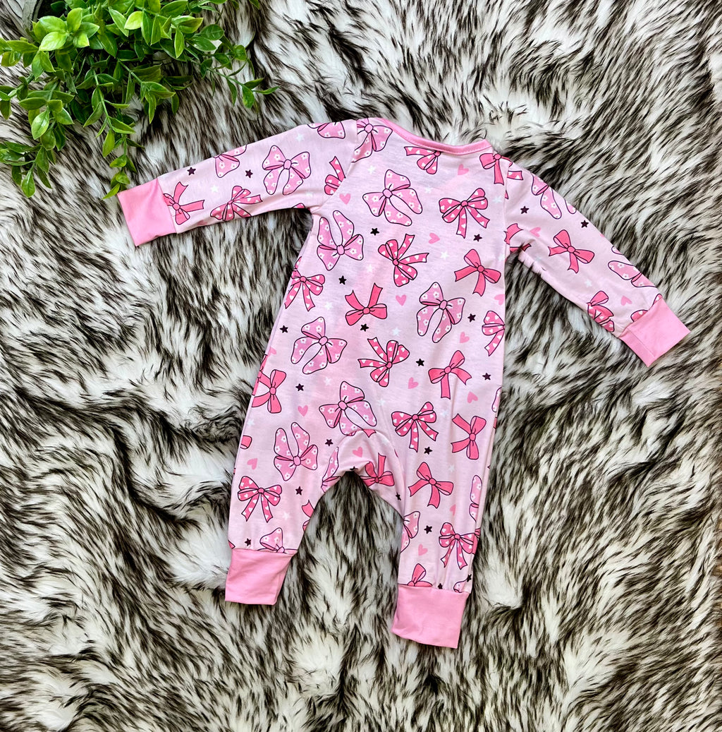 Girl’s Pink Bow with Floral and Heart Details Zipper Romper