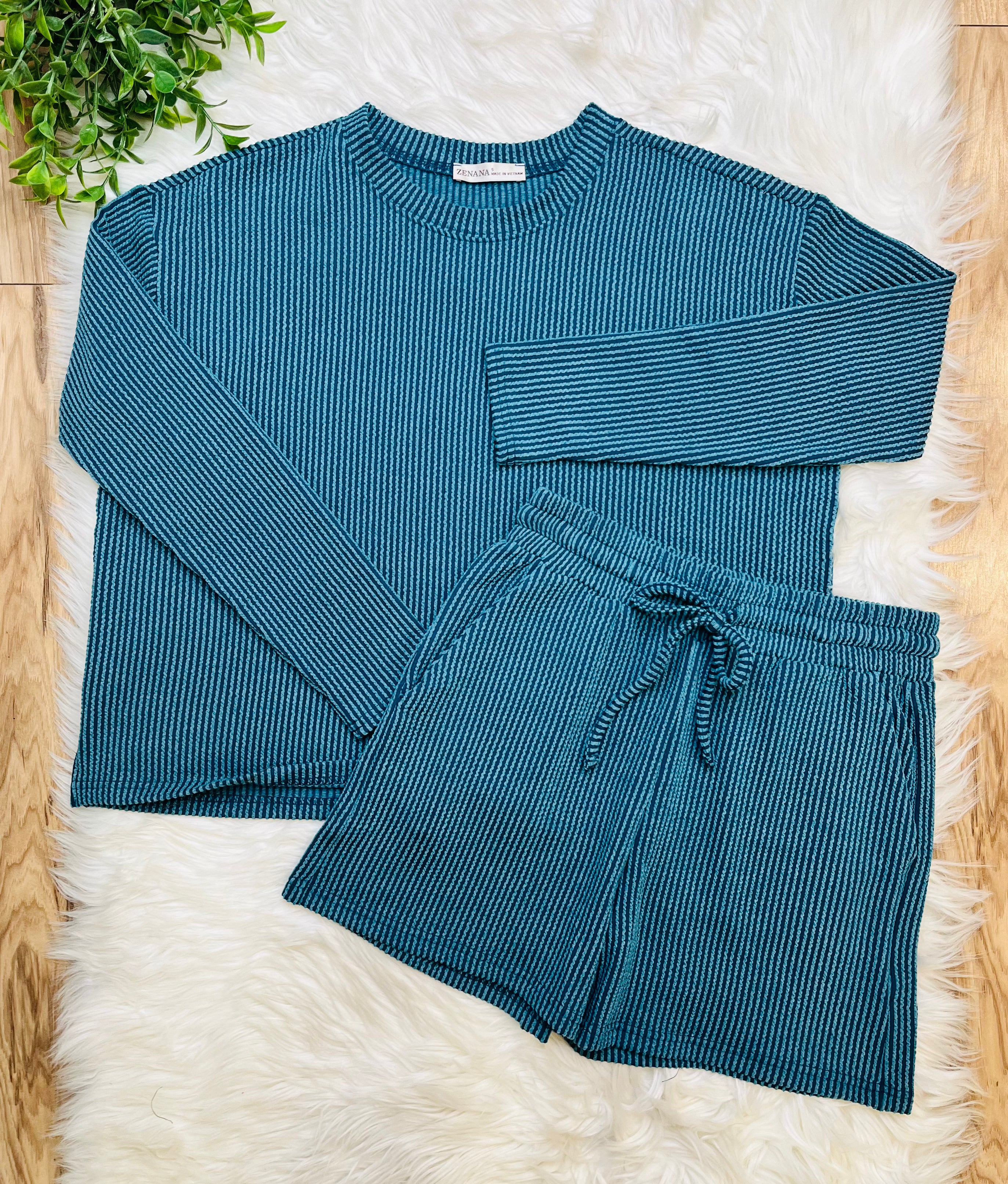 Women’s Zenana Teal Ribbed Short Set