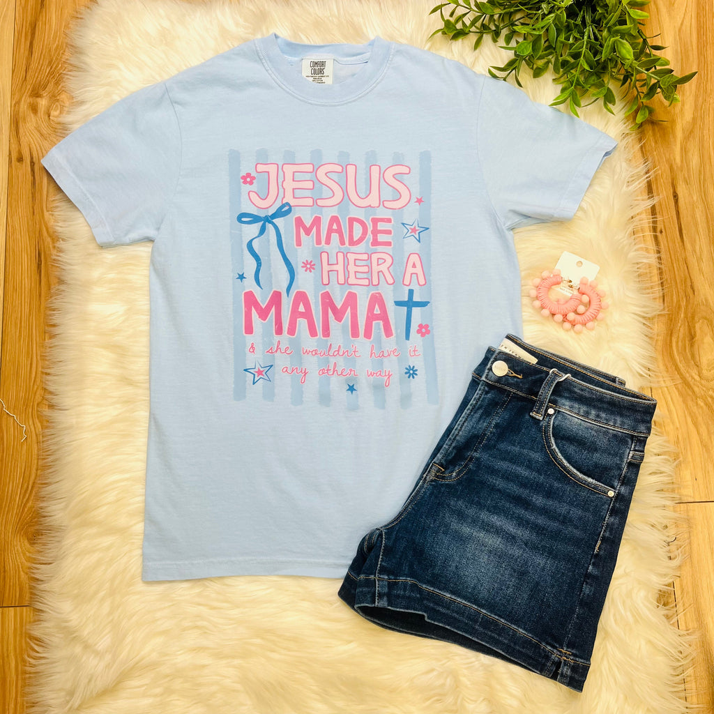 Women’s “Jesus Made Her A Mama” Blue Graphic Tee