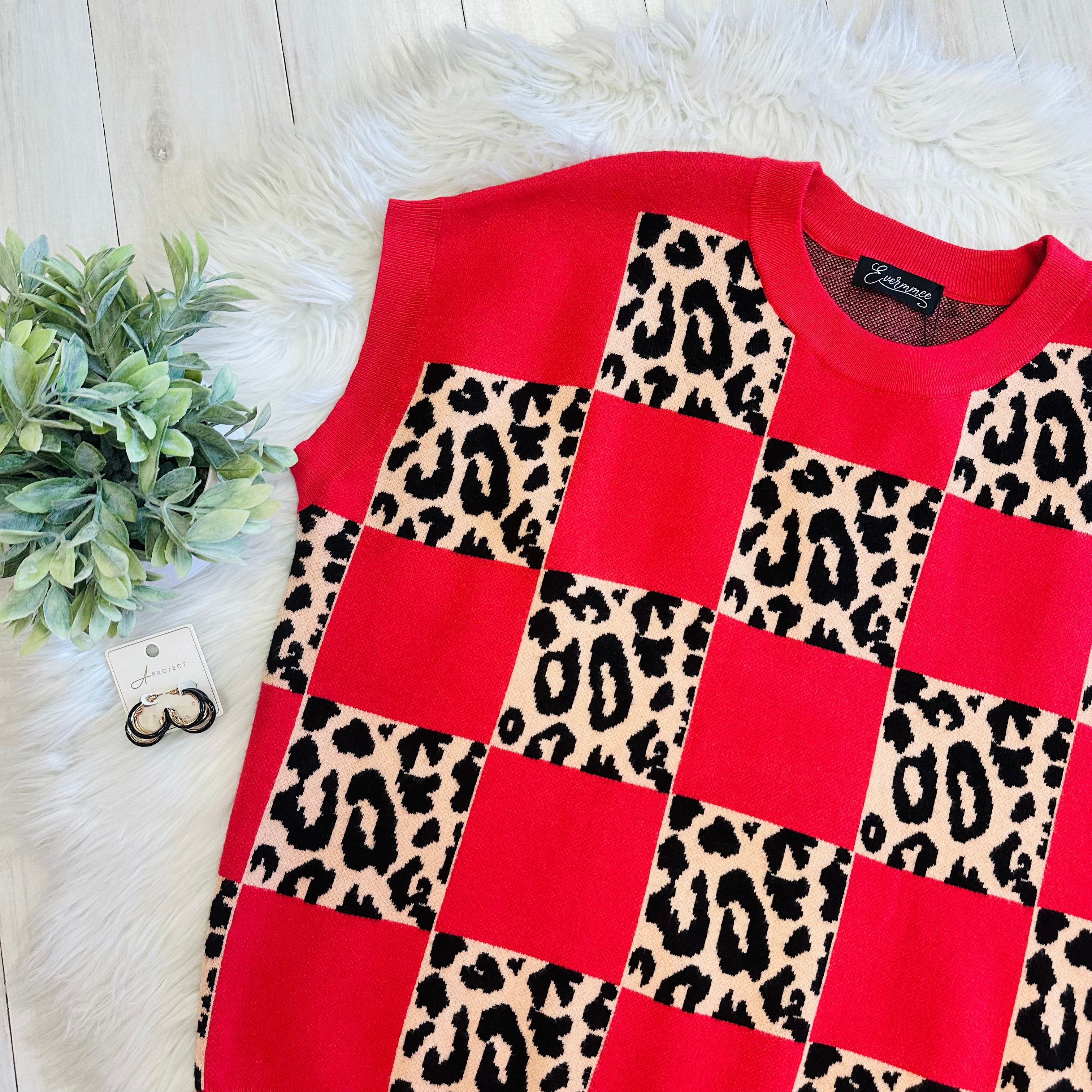 Women’s Evermmee Leopard Print Red Checkered Sweater Top