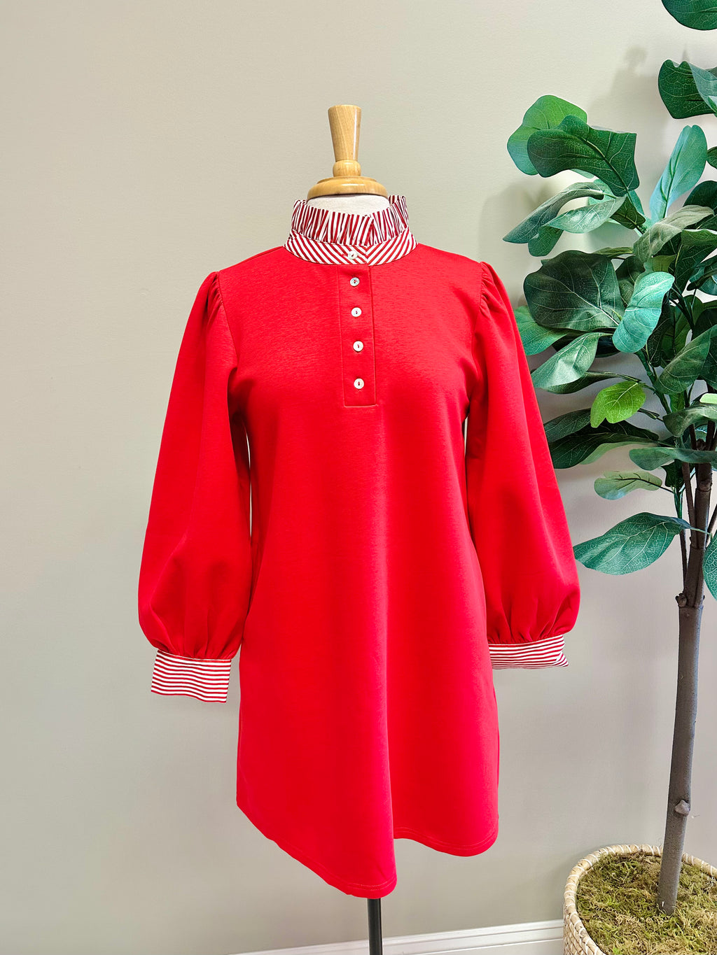 Women’s Long Sleeve Red Dress with Stripe Trim Detail by Jodifl- True to Size