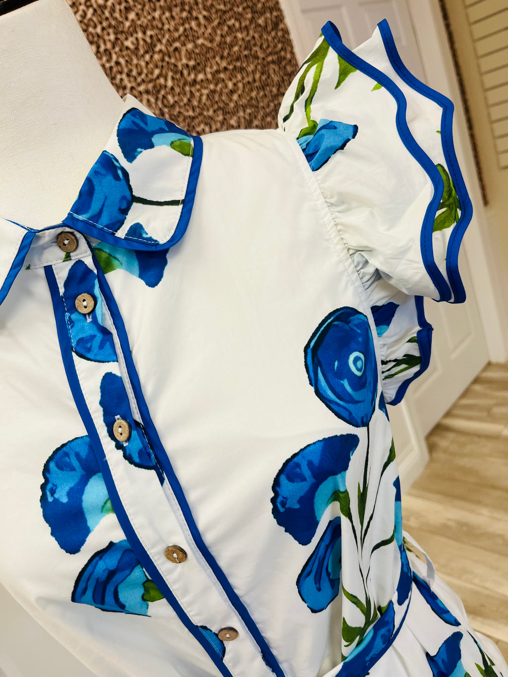 Women’s Blue Flower Ruffle Sleeve Dress