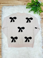 Women’s Evermmee Cream Sweater Top with Black Bows & Pearl Details- True to Size