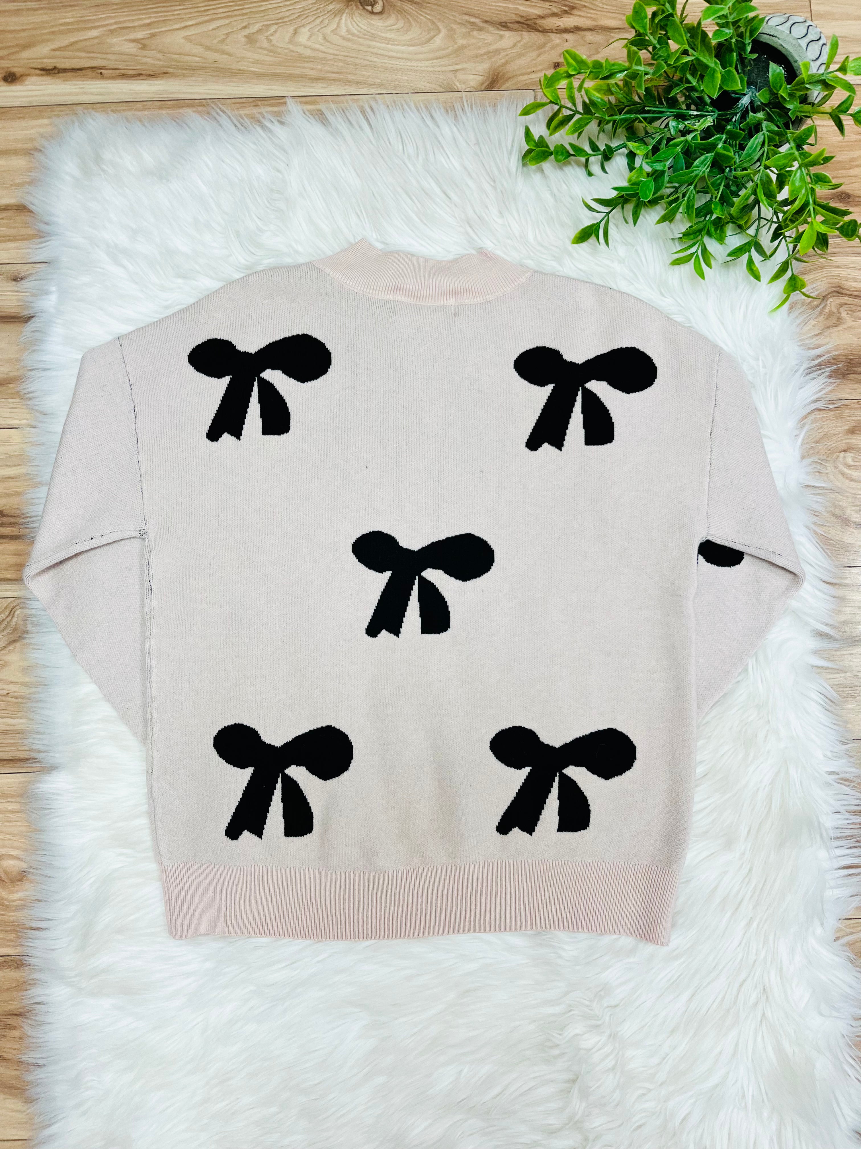 Women’s Evermmee Cream Sweater Top with Black Bows & Pearl Details- True to Size