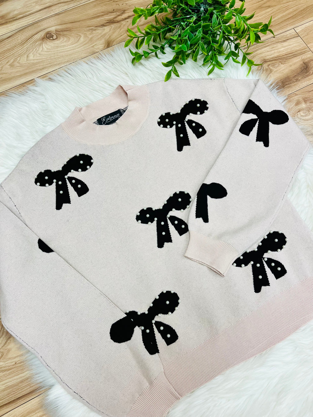 Women’s Evermmee Cream Sweater Top with Black Bows & Pearl Details- True to Size