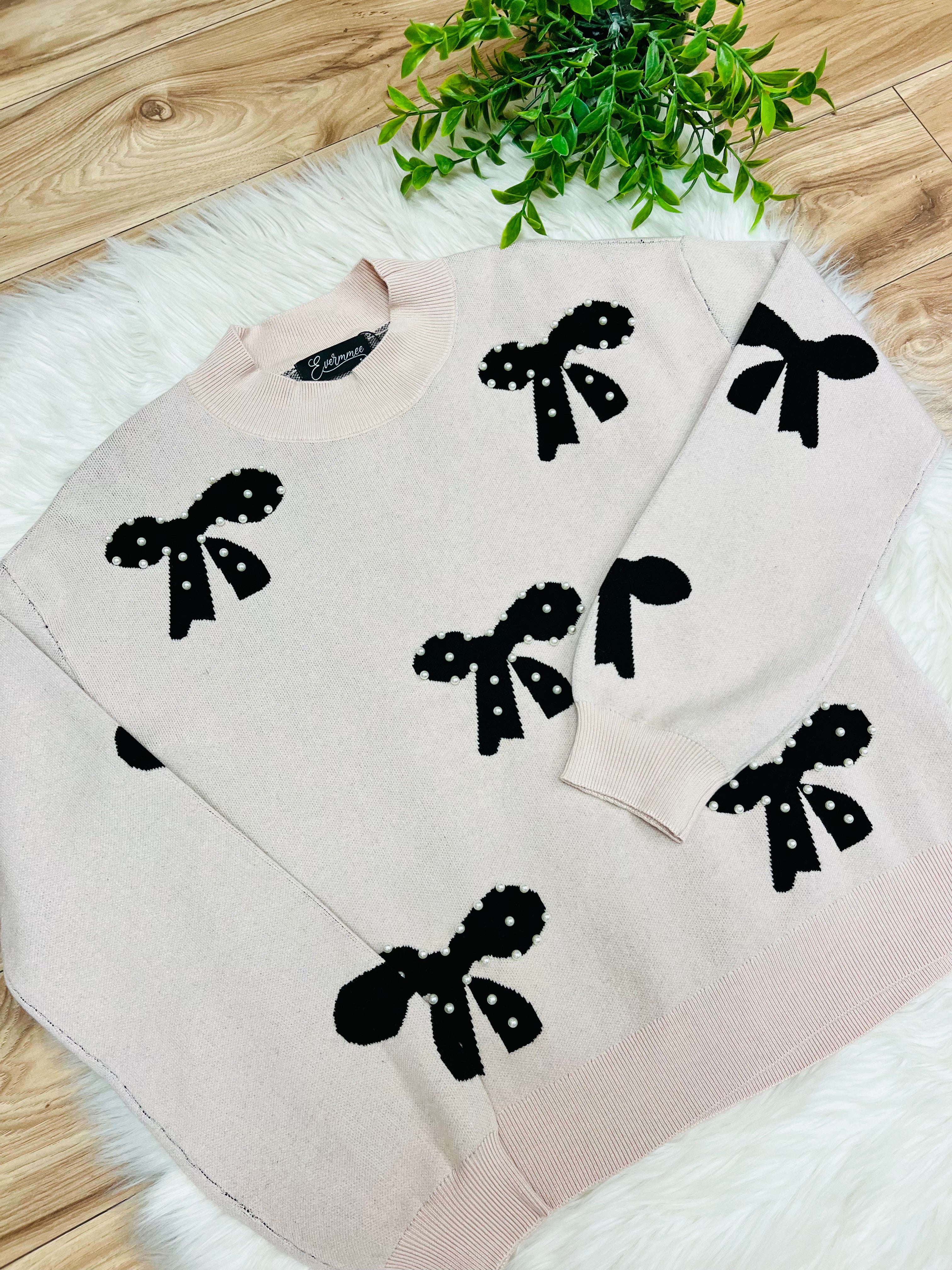 Women’s Evermmee Cream Sweater Top with Black Bows & Pearl Details- True to Size