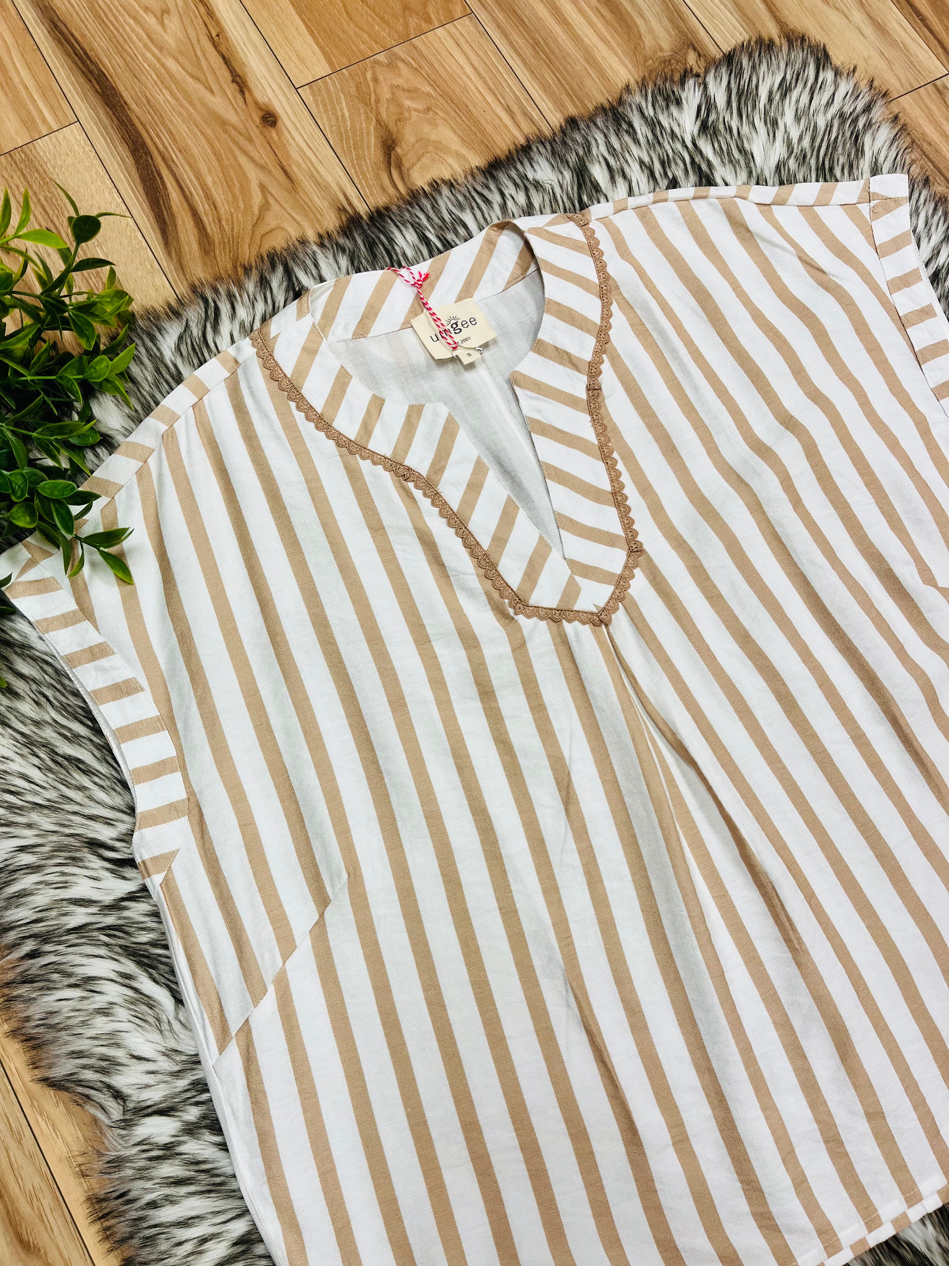 Women’s Umgee Latte Stripe V Neck Top with Lace Trim- Oversized