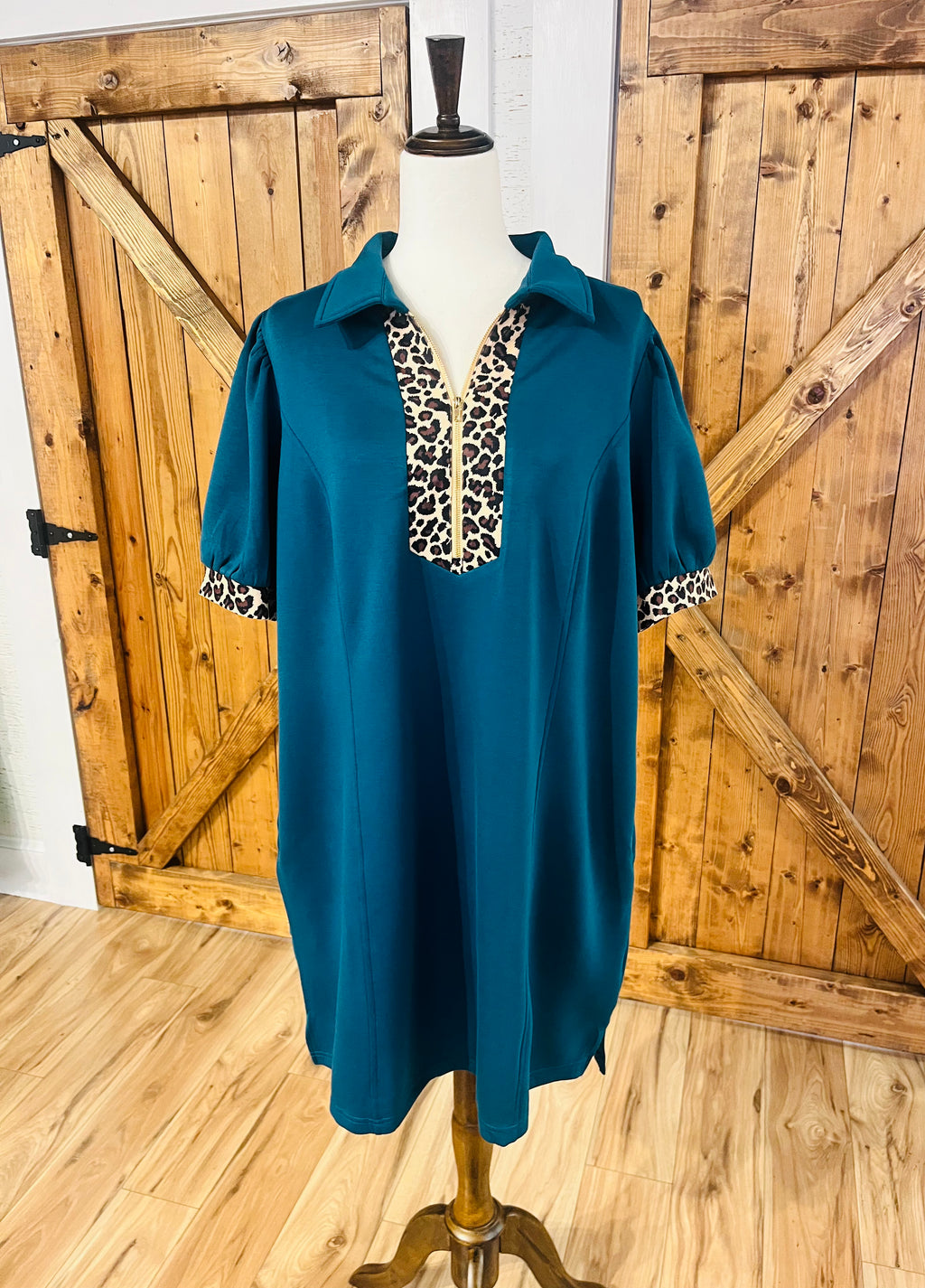 Women’s Curvy Evermmee Dark Teal Dress with Cheetah Print Detail