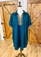 Women’s Curvy Evermmee Dark Teal Dress with Cheetah Print Detail