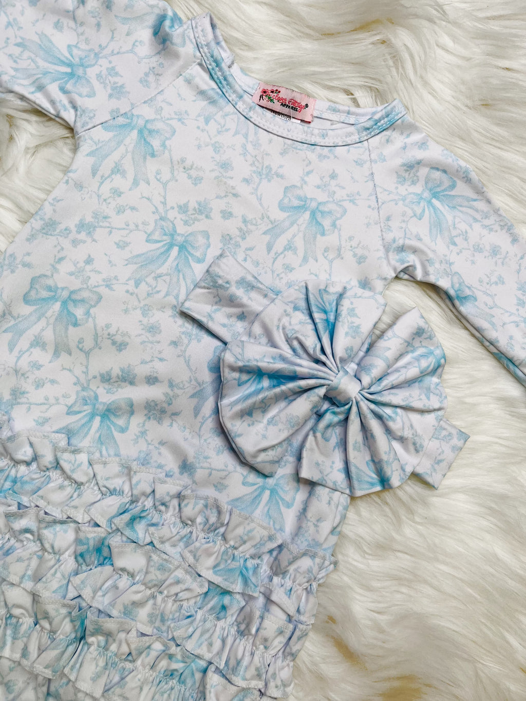 Girl’s Clover Cottage Blue Bow Newborn Gown and Bow Set