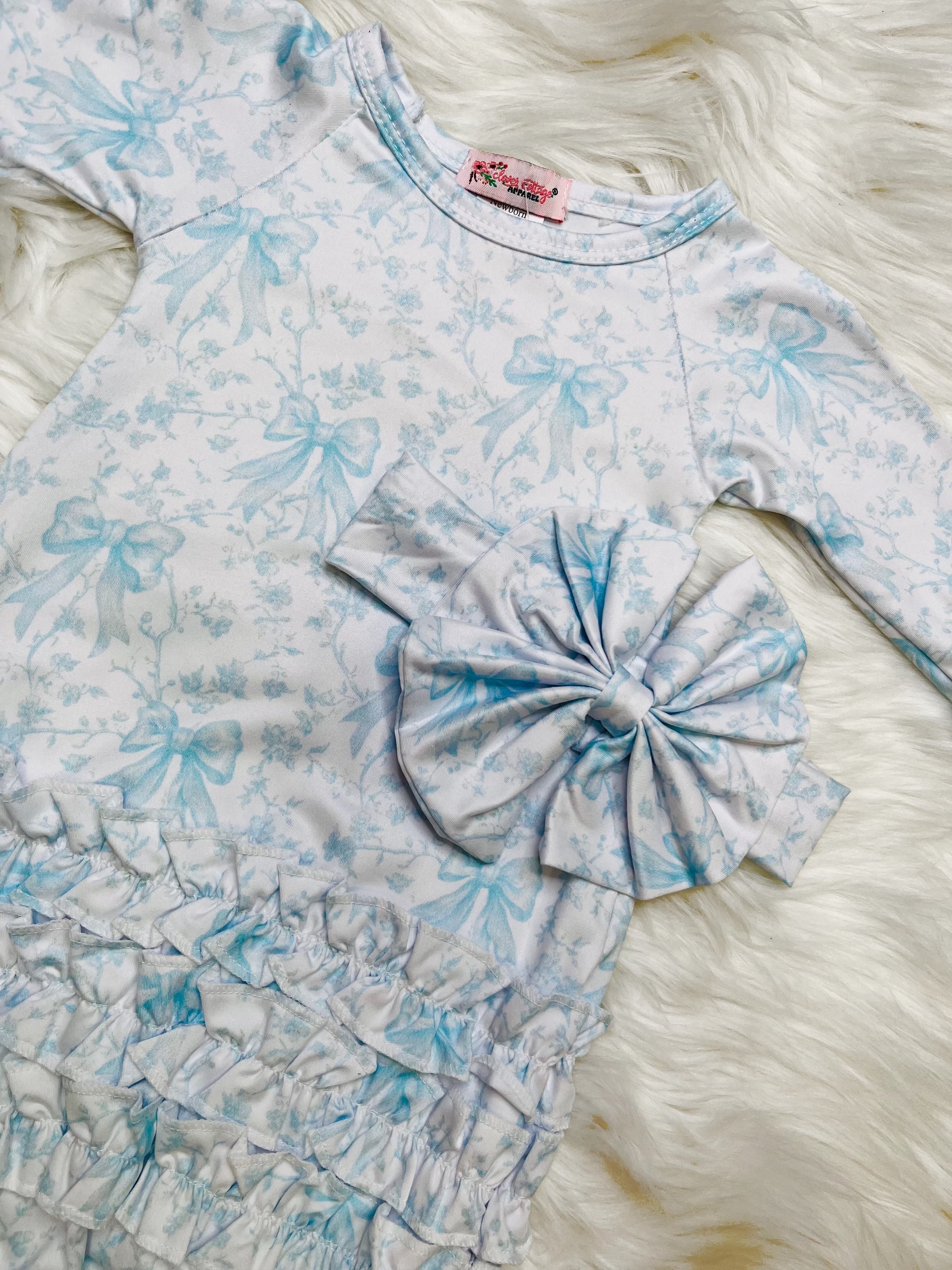 Girl’s Clover Cottage Blue Bow Newborn Gown and Bow Set