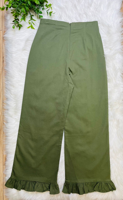 Olive Stretch Front Pocket Ruffle Hem Twill Pants
