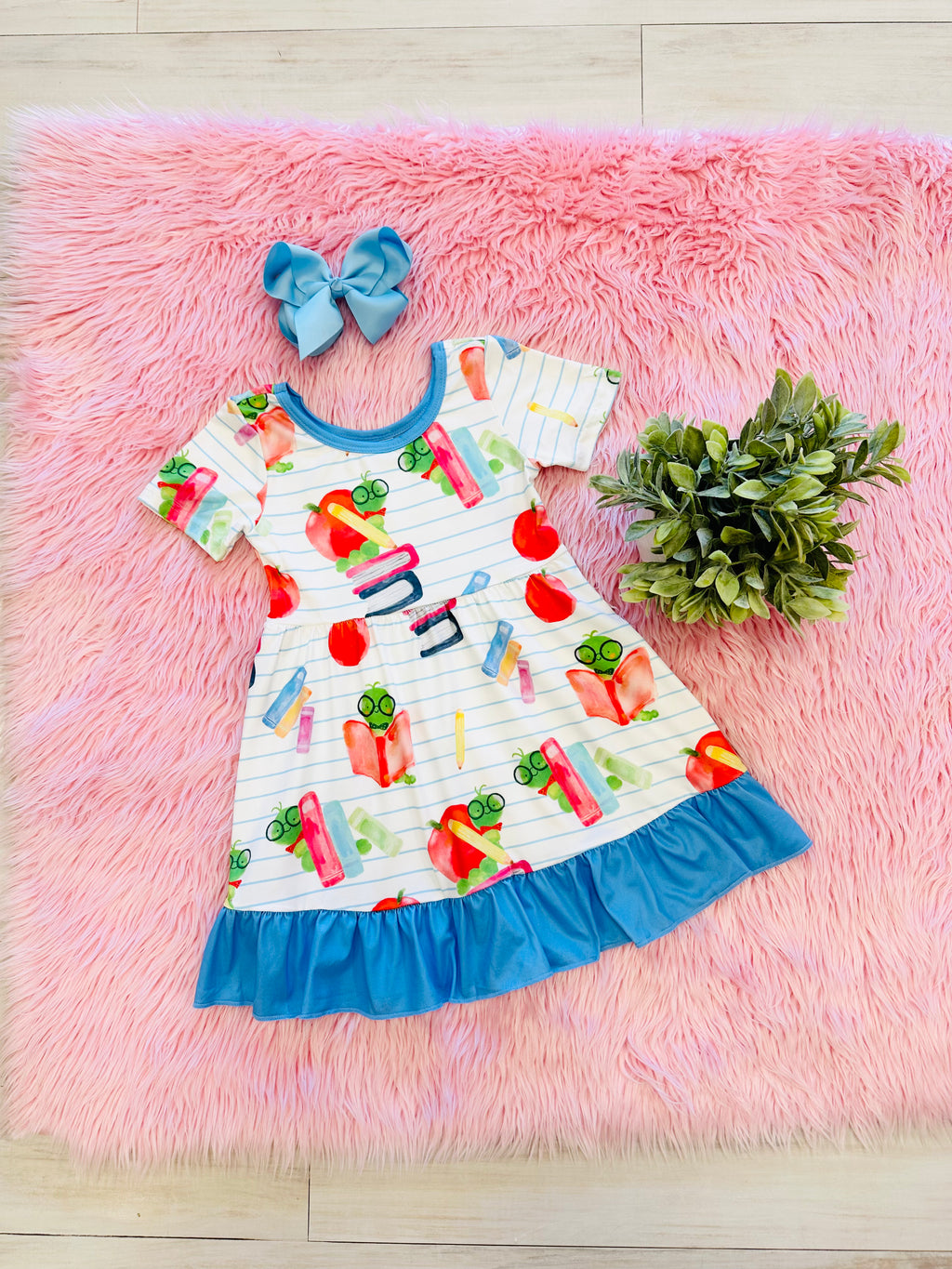 Girl’s Bookworm School Dress with Blue Trim