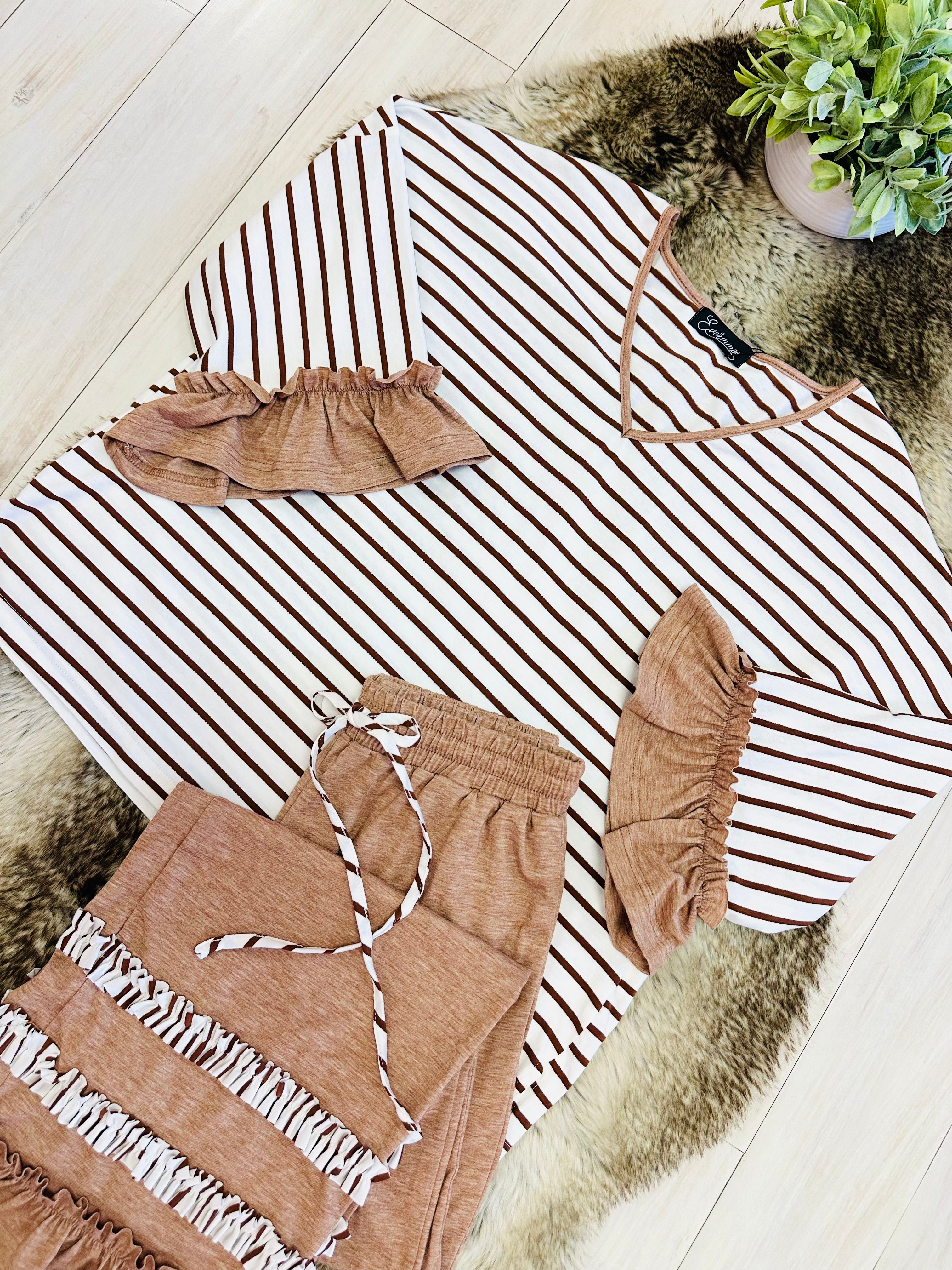 Women’s Evermmee Brown Stripe Set with Ruffle Trim Detail- Oversized