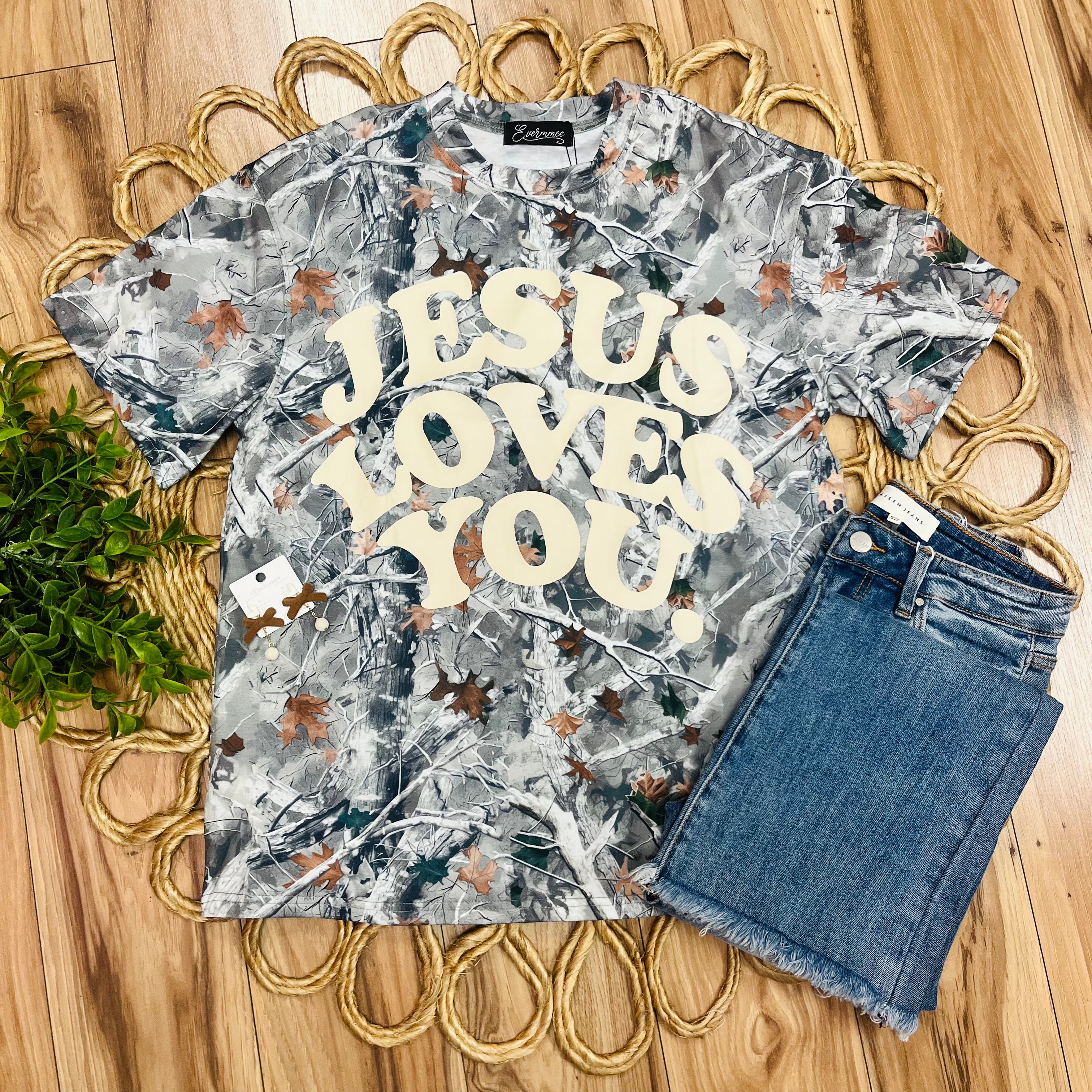Women’s Evermmee Camo Tee “Jesus Loves You” in Yellow Print