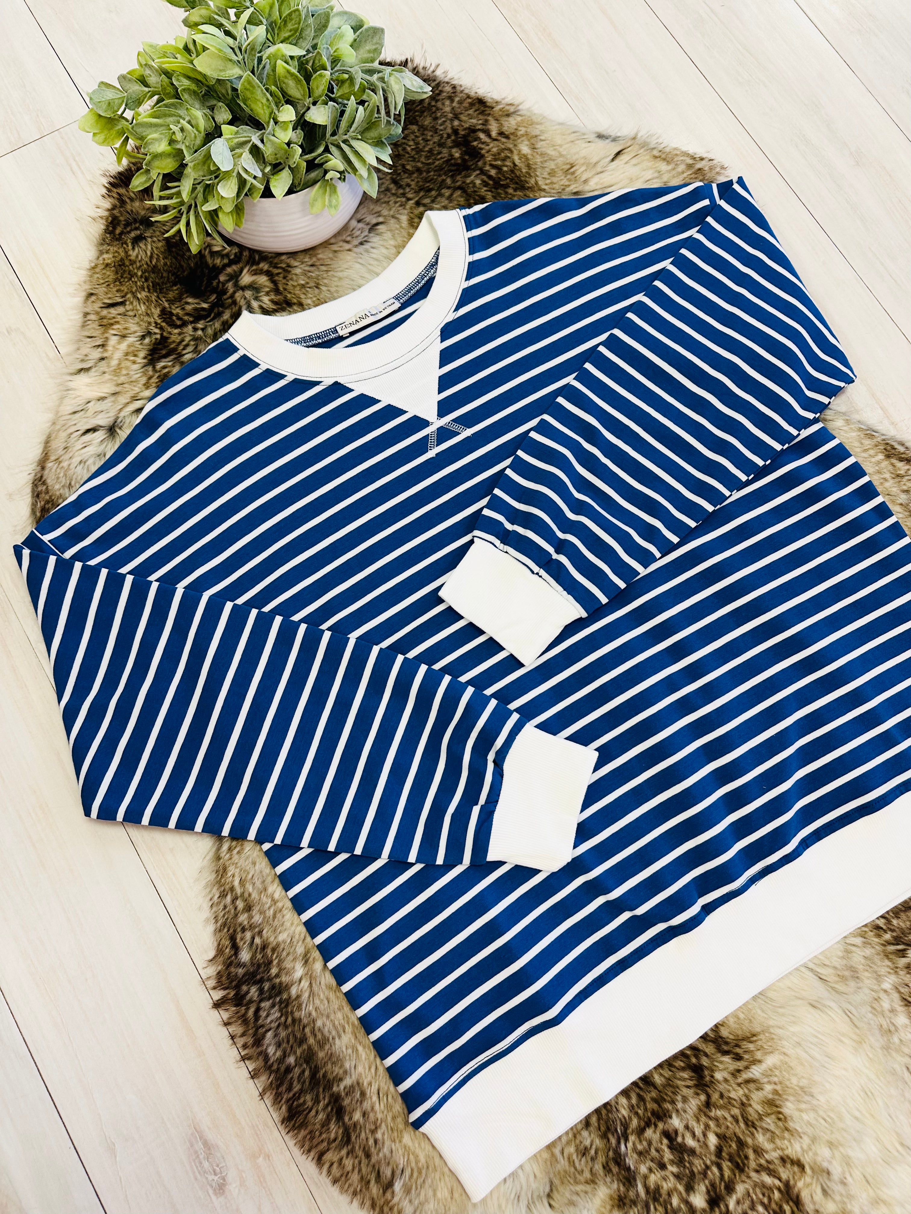 Women’s Zenana Royal Blue Striped Long Sleeve Top with White Trim- True to Size