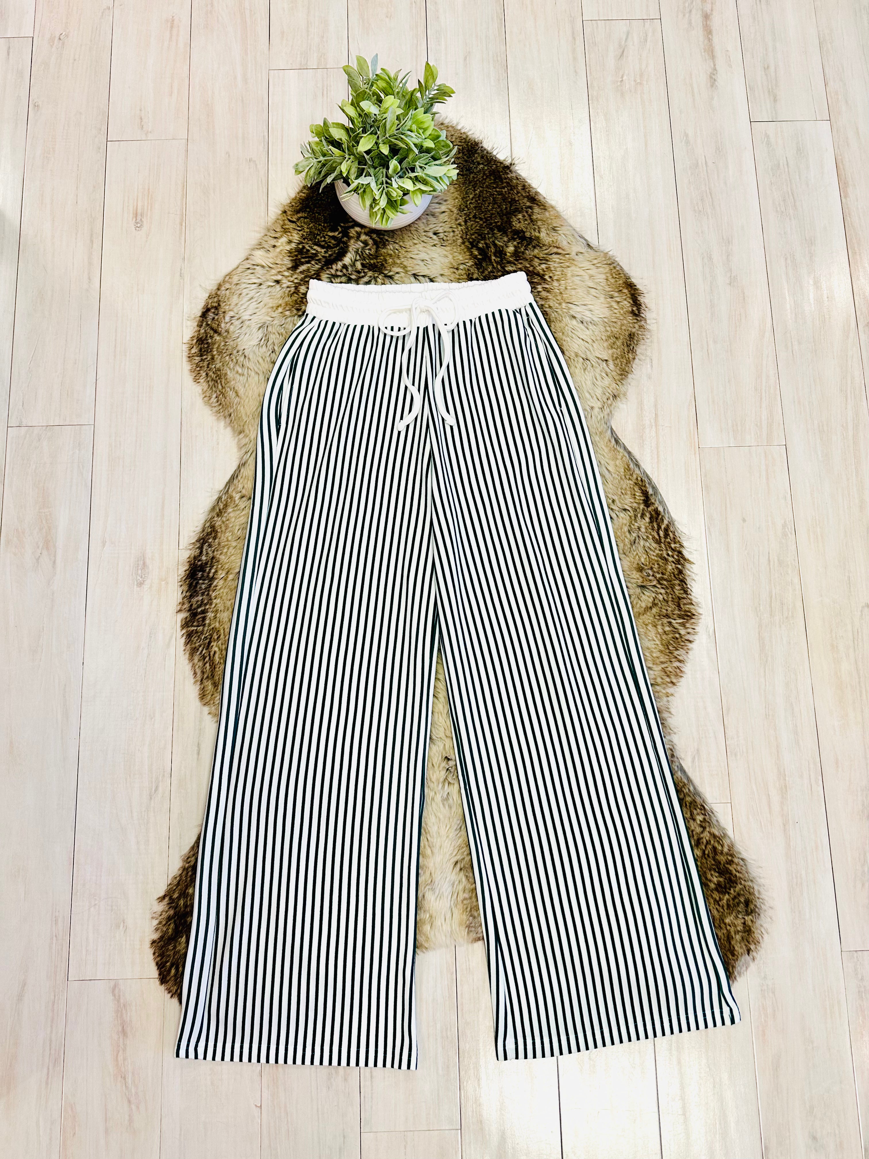 Women’s Zenana Green & White Long Sleeve Stripped Set