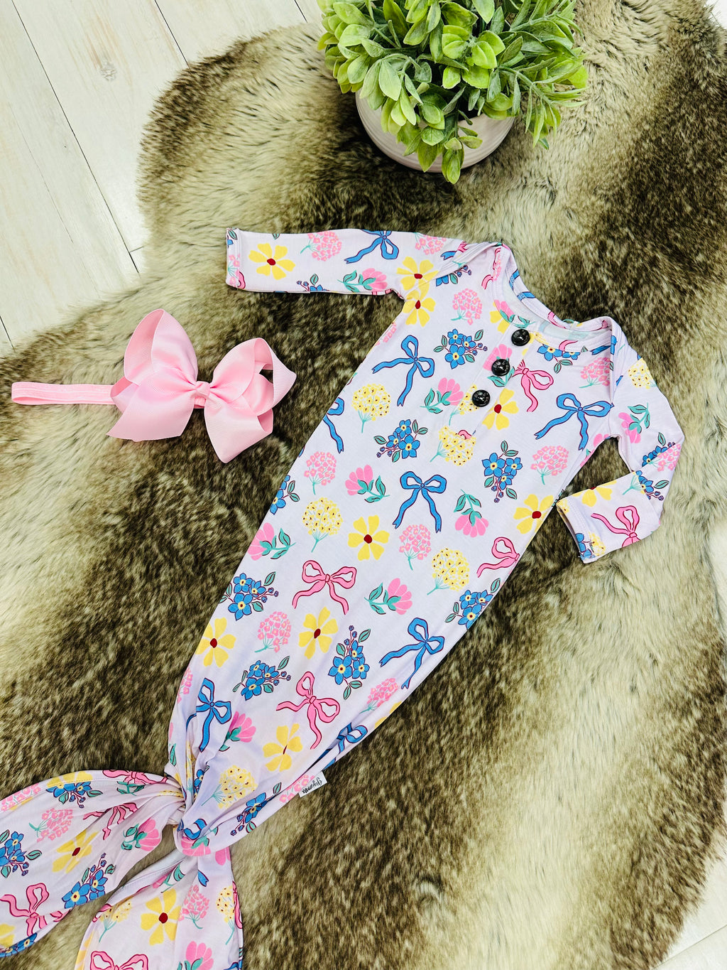 Girl’s Floral and Bow Printed Knotted Gown with Matching Headband