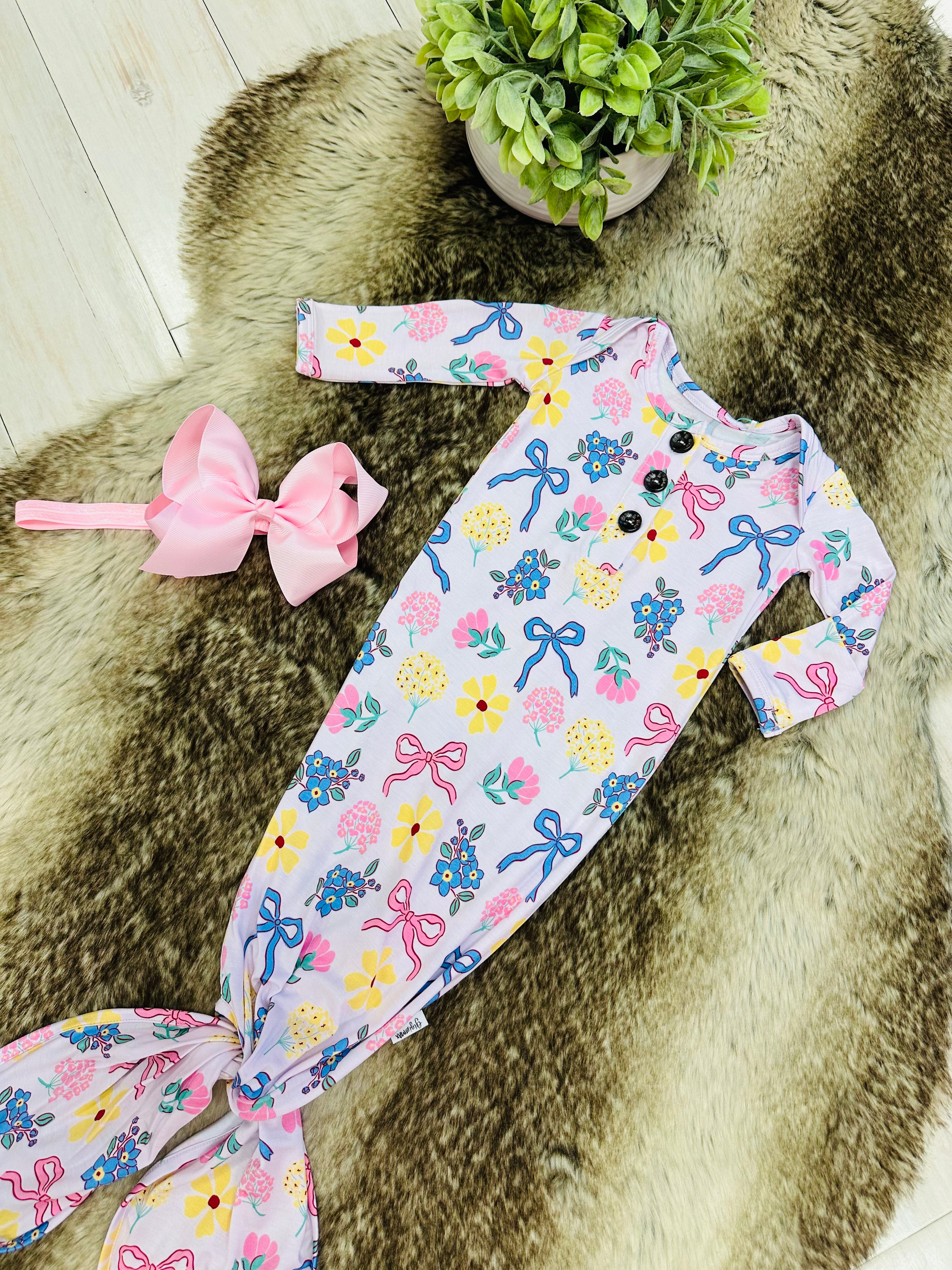 Girl’s Floral and Bow Printed Knotted Gown with Matching Headband