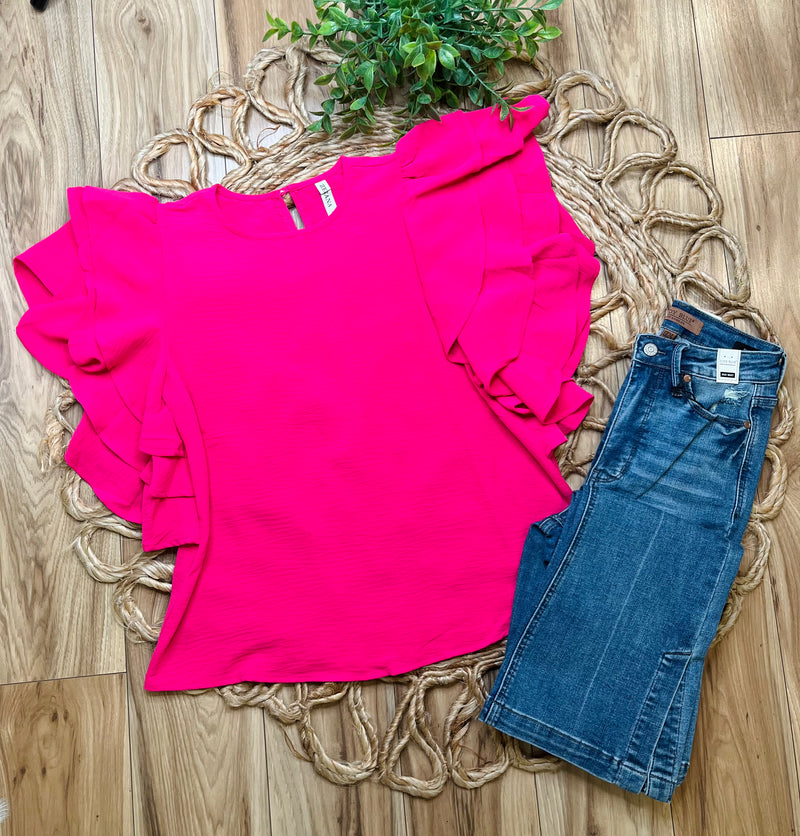 Hot Pink Ruffle Sleeve Blouse