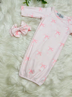 Girl’s Pink Stripe and Bow Baby Gown With Headband