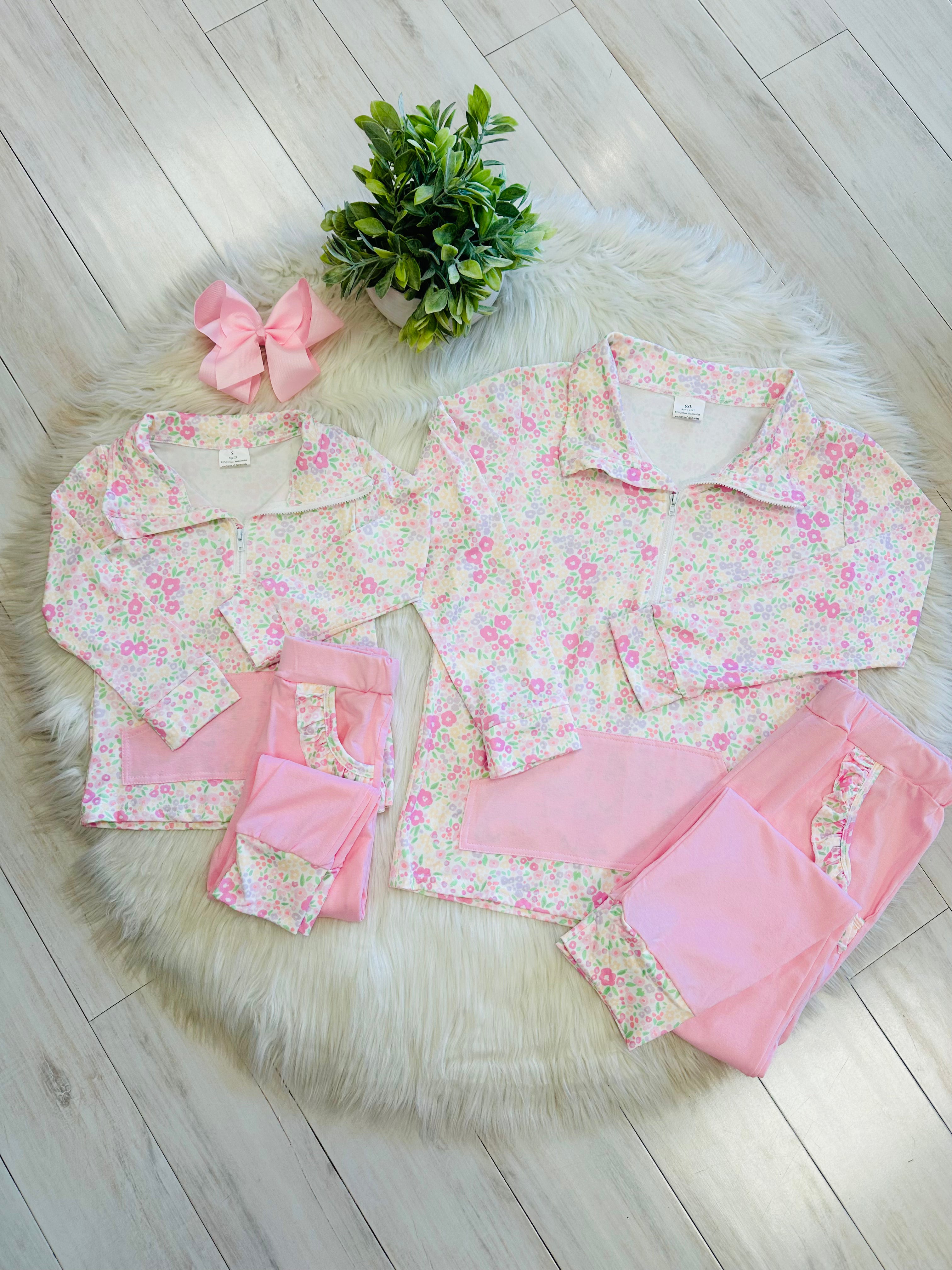 Girl’s Pink and Cream Half Zip Floral Pant Set