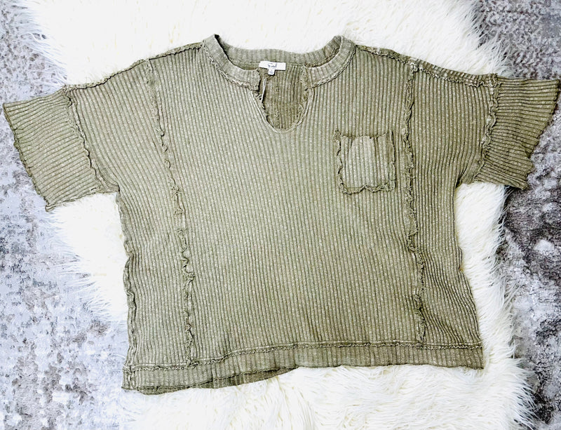Easel Olive Green Ribbed Over-Sized Top