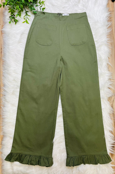Olive Stretch Front Pocket Ruffle Hem Twill Pants