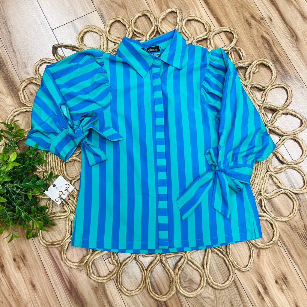 Women’s Evermmee Blue and Green Stripe Button Down Top with Bow Tie Sleeves