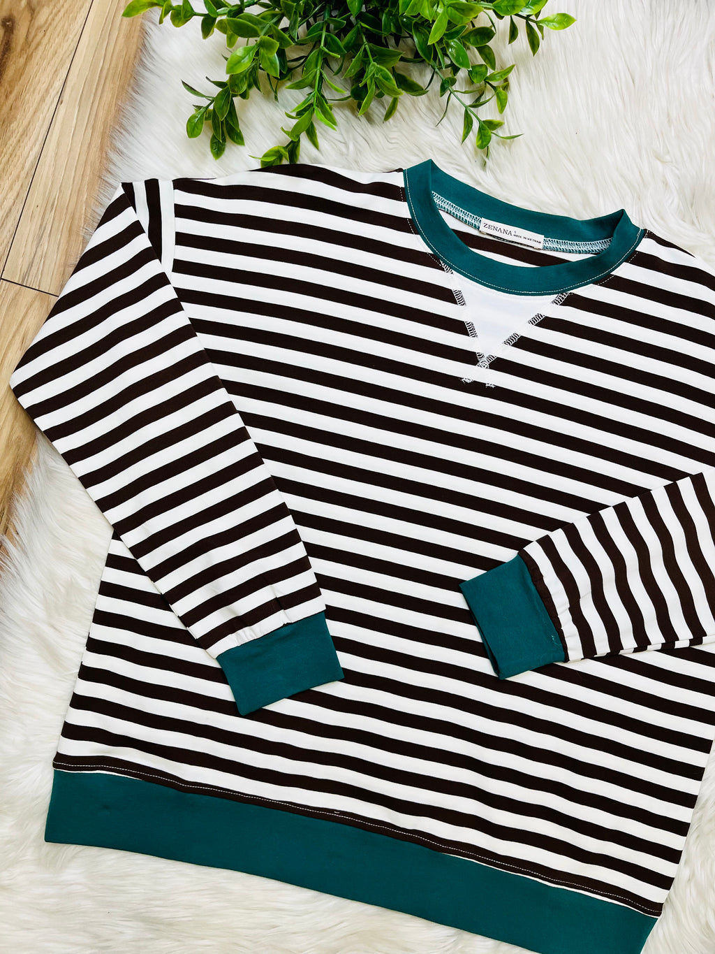 Women’s Brown and Hunter Green Stripe Top- Loose Fit