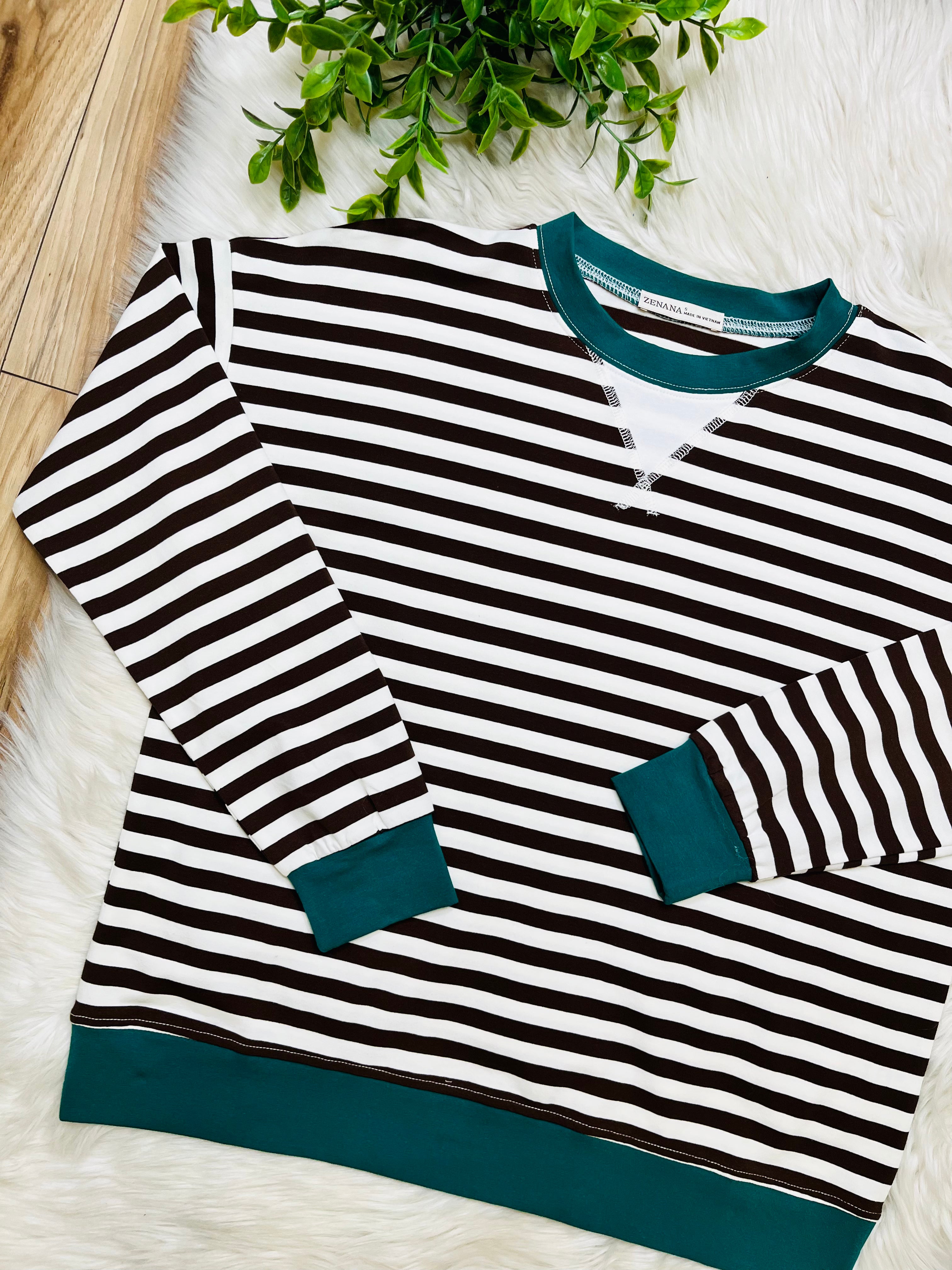 Women’s Brown and Hunter Green Stripe Top- Loose Fit