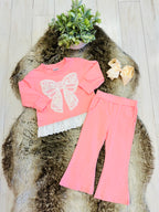 Girl’s Long Sleeve Pink Bow Outfit with Lace Detail