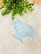 Girl’s White & Blue Gingham Bloomers with Ruffle Trim