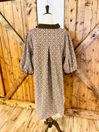 Women’s Umgee Curvy Burgundy and Olive Green Floral Textured V Neck Dress with Collar- Oversized