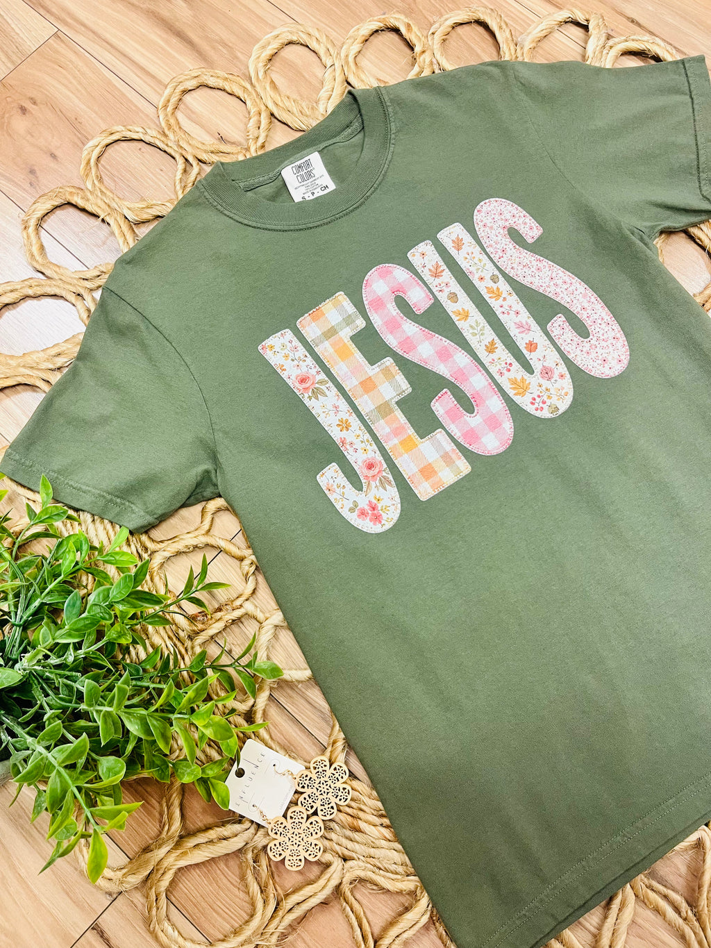 Women’s Comfort Colors Olive Green Jesus Mixed Print Tee