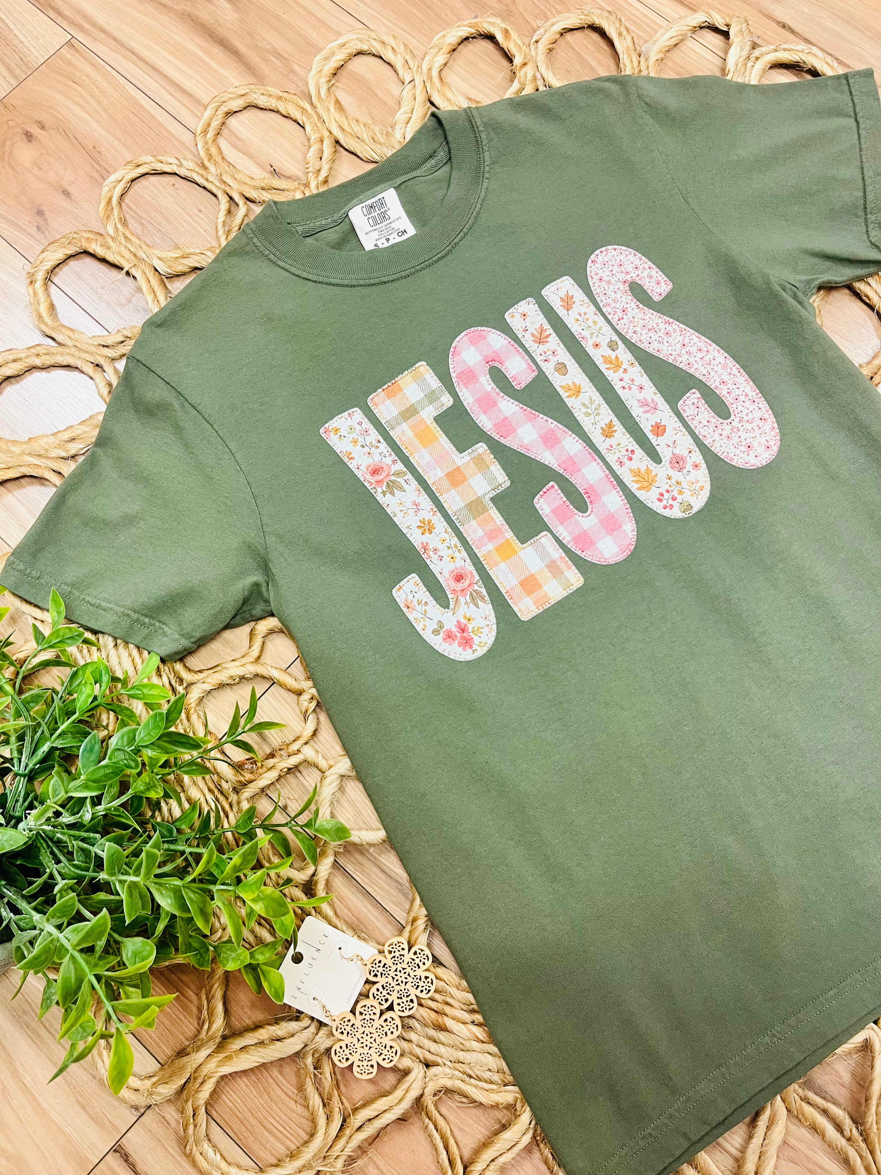 Women’s Comfort Colors Olive Green Jesus Mixed Print Tee