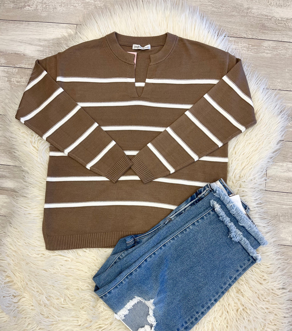 Women’s Zenana Trinity V-Neck Sweater In Mocha -True to Size