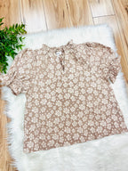 Women’s Anniewear Taupe Floral Satin Ruffle Detail Top- True to Size
